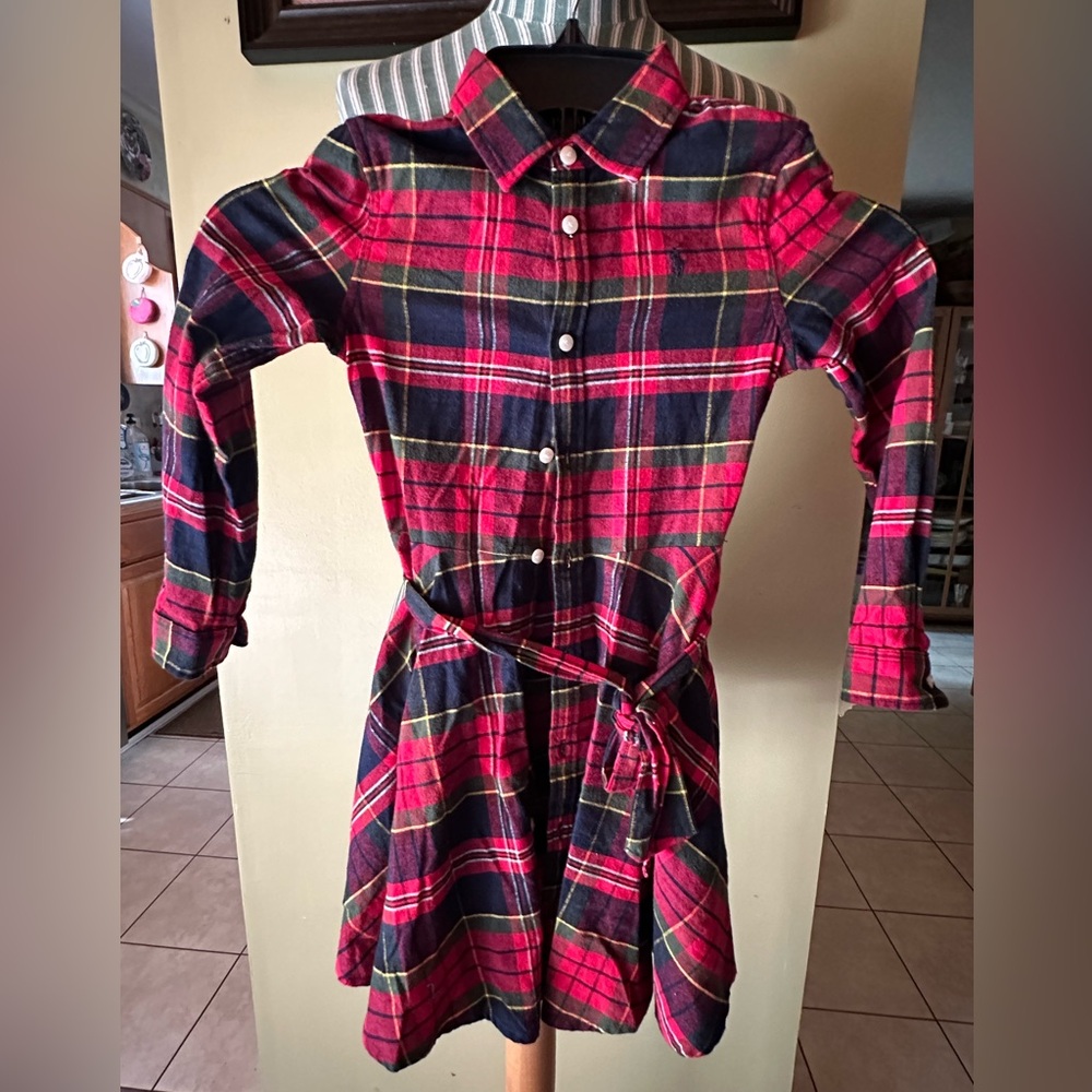 Girls Polo Dress, Size 6X, Red Plaid Flannel, with pockets! Ties at waist. EUC.
